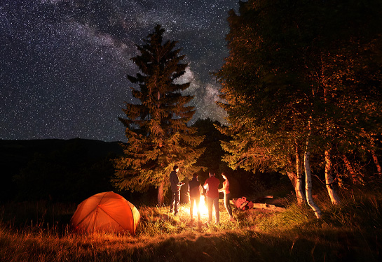 People standing around a campfire at night in the woods next to a tent