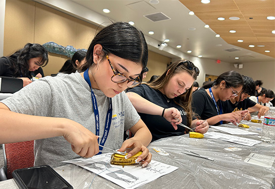 A teenage girl with glasses sitting at a desk in lecture hall practices her suturing skills by threading the slit in a banana peel 
