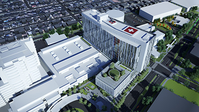 Rendering of 14 story building with glass exterior and helipad on the roof.