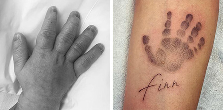 Finn's hand on the left, tatoo on Spencer's arm on the right