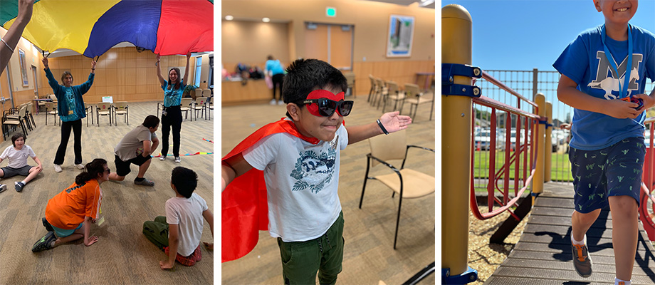 left: A group of four young people play on a carpeted floor while two young adults hold a multi-colored parachute over their heads; middle: A young boy wearing a white T-shirt, shorts and a red cap and red eye mask and black sunglasses smiles while extending his arms to either side of his body.; right: A young boy wearing a blue T-shirt and shorts runs along a wooden bridge at an outdoor playground