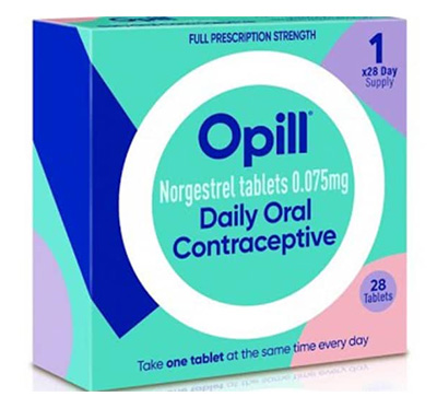 A square box of Opill designed with blue, green, pink and purple shapes and a big white “O.”
