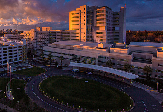 Overhead view of UC Davis Medical Center at sunset