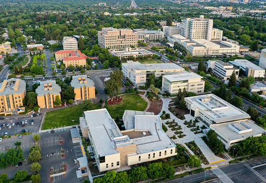 Aerial rendering UC Davis Sacramento campus with building spread out