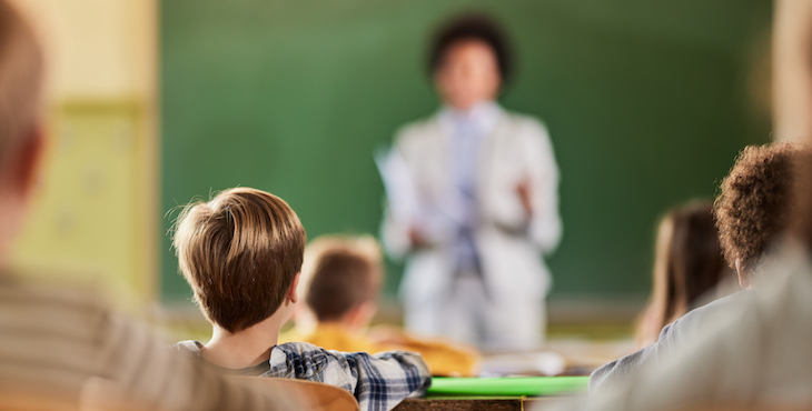 The back of students' heads are shown sitting in rows in a classroom with a teacher and green blackboard out of focus in the front of the room.