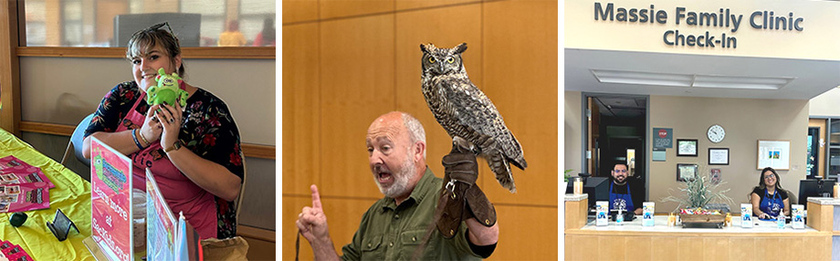 Left: A woman wearing a pink apron and black shirt holds a green stuffed animal shaped like an alien. She’s sitting behind a table with a yellow tablecloth covered in flyers and brochures. Center: A man wearing a green shirt and khaki shorts stands in front of a large room, holding a great horned owl up on his arm. Right: A man and a woman wearing blue aprons sit behind a check-in deck in a medical facility. 