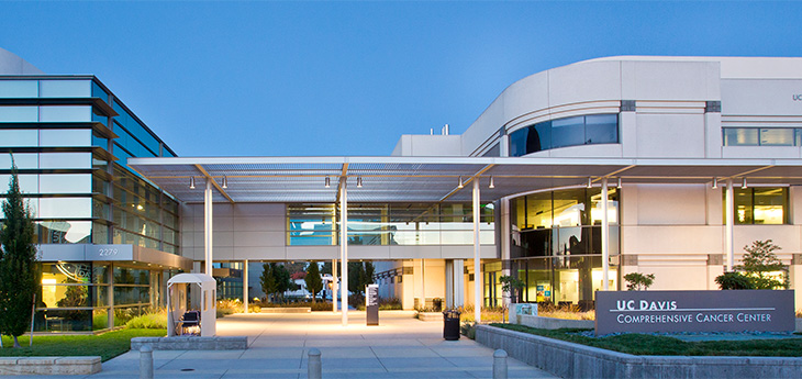 The entrance of the UC Davis Comprehensive Cancer Center. 