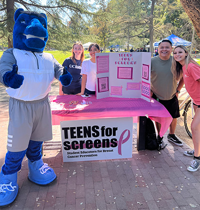 Teens for Screens leadership at a campus recruitment event (left to right) Gunrock the Mustang (official UC Davis mascot), students Sarah Biertuempfel, Melanie Gallegos-Campos, Jesus Bastian and co-founder and president Brittany Clary.