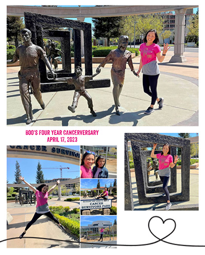 A collage of photos shows a smiling woman in a pink shirt and athletic pants posing with various art sculptures.