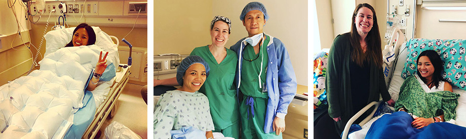 Left to right: A smiling adult woman lays on a hospital bed under a white puffy blanket; An adult wearing a gown and blue surgical cap sits up in a hospital bed, smiling, with two health care providers in green scrubs behind her; An adult wearing a gown sits up in a hospital bed, smiling, with a health care provider beside her.