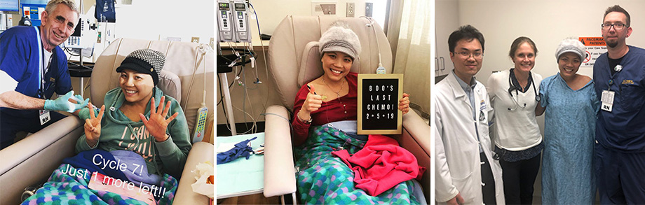 Left to right: A smiling adult patient sits in a large chair wearing a knit cap and showing seven fingers, while a nurse in blue scrubs holds a syringe; A smiling adult patient sits in a large chair wearing a knit cap. She shows a thumbs up and shows a sign that reads “Boo’s Last Chemo: February 5, 2019;” A smiling adult patient in a hospital gown stands with three health care providers.