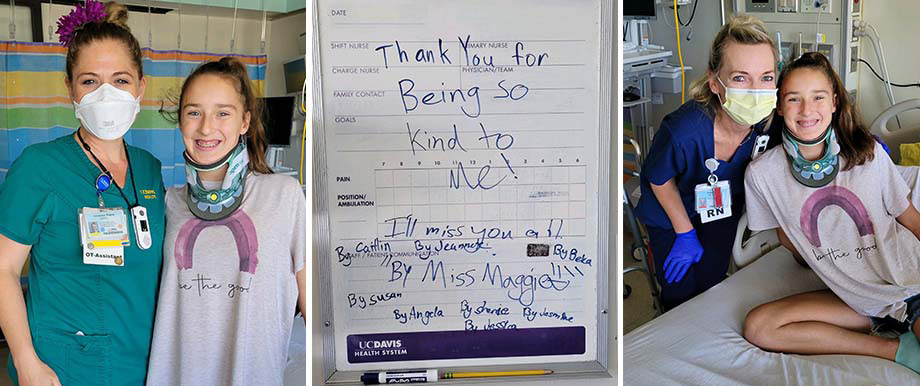 Left: Julia with nurse; Center: Julia's note to her caregivers; Right: Julia with a nurse