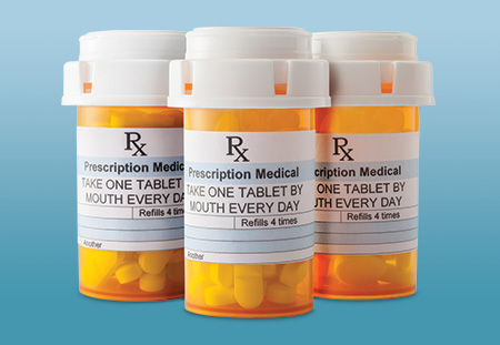 Three orange prescription pill bottles with white caps. Written on the bottles: Rx. Prescription Medical. Take one tablet by mouth every day. Refills 4 times.