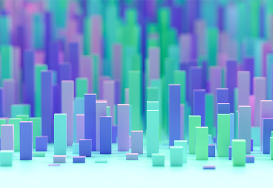 An abstract cityscape showing with purple, green and pink bar graphs resembling buildings. 