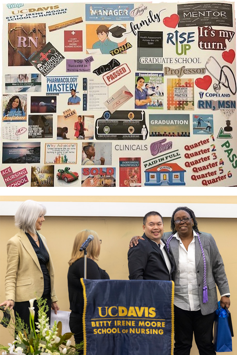 On top: a vision board with cut-out photos and quotes for inspiration; on bottom, Tonja Copeland, right, with arm around a mentor and two onlookers at podium receiving Star Student Nurse Award.