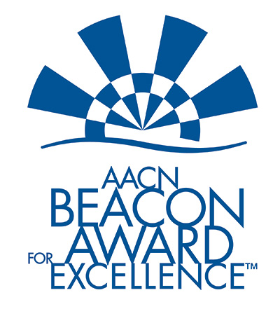 A white square with blue image and lettering that states “AACN Beacon Award for Excellence”