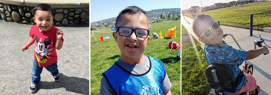 A little boy wearing a red shirt and jeans plays outside, A young boy wearing glasses and a blue “Special Olympics” shirt smiles outside, A young boy wearing shades rides a bike.