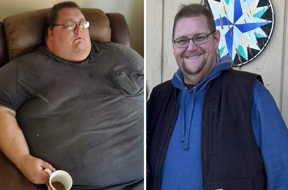Overweight man, left, sleeping in chair and holding coffee mug; and on right, smiling after having lost hundreds of pounds.