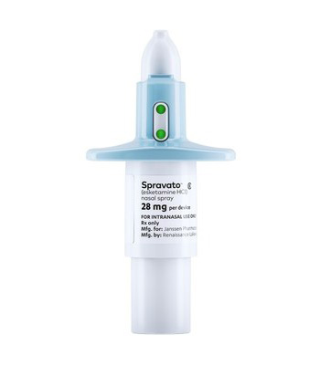 A blue and white nasal spray container with the word Spravato shown against a white background.