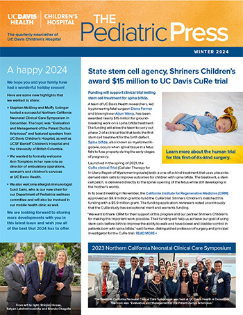 Front cover of Pediatric Press newsletter shows two news stories and a photo of a baby