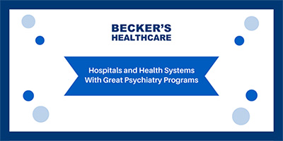 A blue and white badge with the words ‘Becker’s Healthcare’