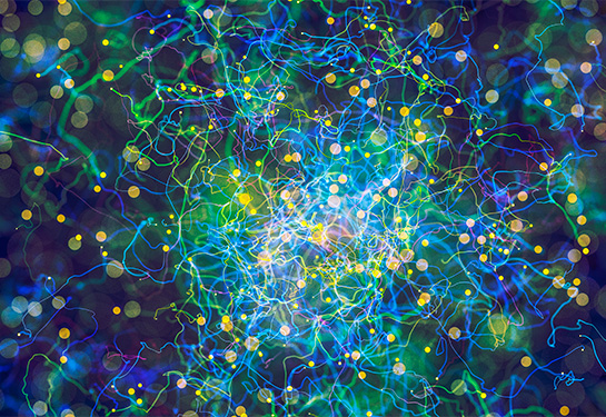 Abstract swirls of tendrils and dots in blue, green and yellow are seen against a dark blue background. 