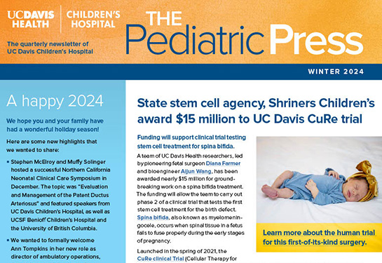 Front cover of Pediatric Press newsletter shows two news stories and a photo of a baby