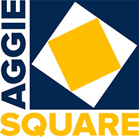 Logo of Aggie Square. It is an angled yellow square inside a white square inside a blue square, with the words Aggie and Square in capital letters