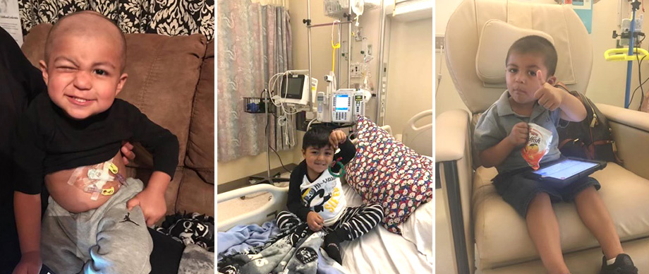 Three photos of a toddler. Left-boy with his shirt up exposing his chemo port. Center-boy sitting in a hospital bed. Right-boy getting treatment at the cancer center