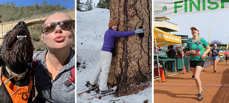 Three images: A woman and her dog resting during a hike, a woman in snowshoes hugs a tree, a woman crosses a race finish line. 