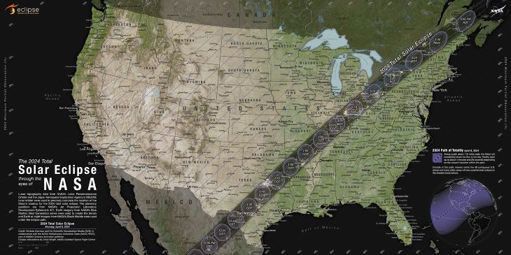 A NASA map shows the path and time of the solar eclipse on April 8.  