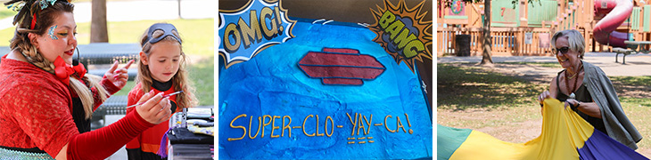 Left: A woman brushes paint onto a child’s face. A blue party cake with a superhero theme.  A woman holds the handle of a large colorful parachute. 