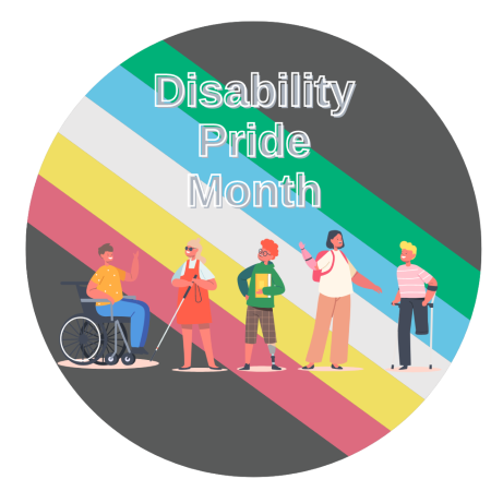 Disability Pride Month graphic with 5 people standing