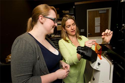 Two women stand by a microscope in a research setting.