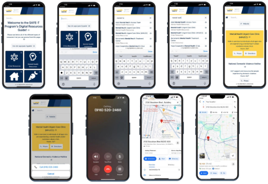 Nine images of cell phones showing what the SAFE-T App can do.