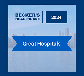 Blue and white badge that states 2024 Becker’s Healthcare Great Hospitals