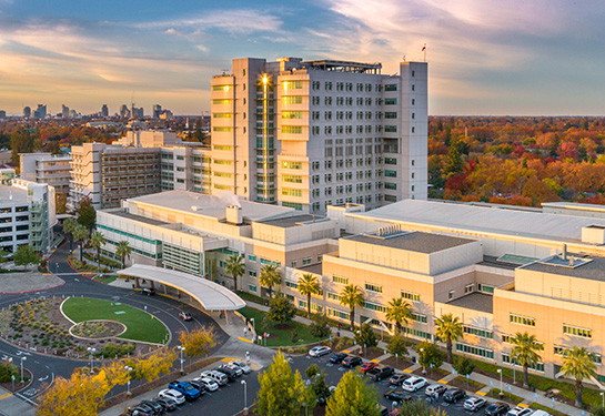 Arial daylight shot of UC Davis Health medical center 