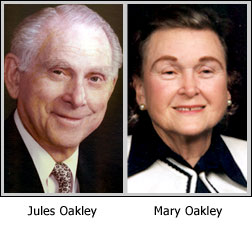 Two portraits side-by-side of an older man and woman, Jules and Mary Oakley.