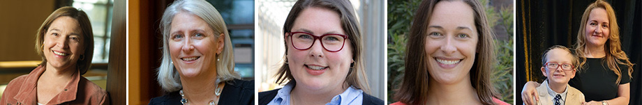 A group of four portraits of five female UC Davis MIND Institute faculty members and a separate photo of a mother and son.