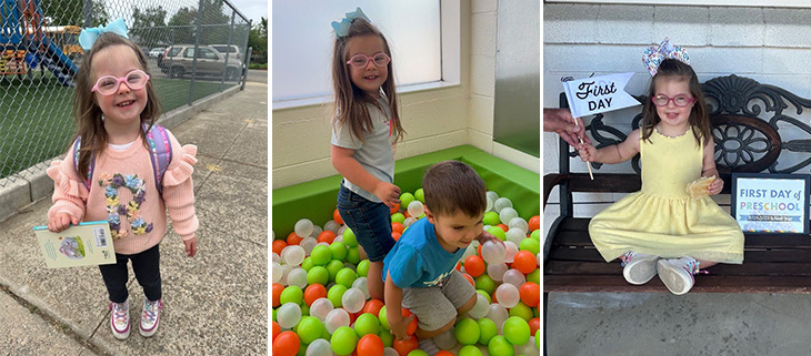 Little girl with peach-colored glasses and a peach shirt holding a book. Little girl and boy in a ball pit filled with green, white and orange balls. Little girl in yellow dress sitting on a bench with a sign that says, “First Day of preschool.”