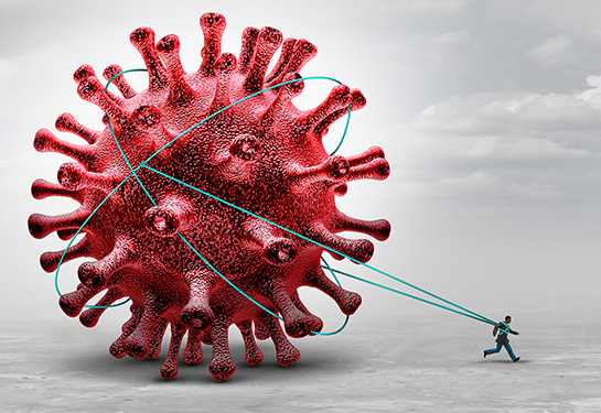 Red COVID-19 virus with figurine tied to it and trying to run away.