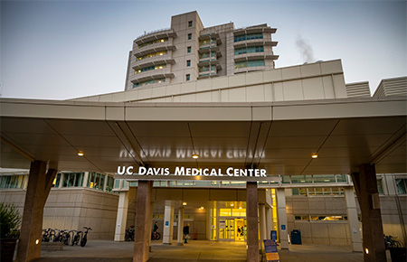 Hospital building entrance and sign