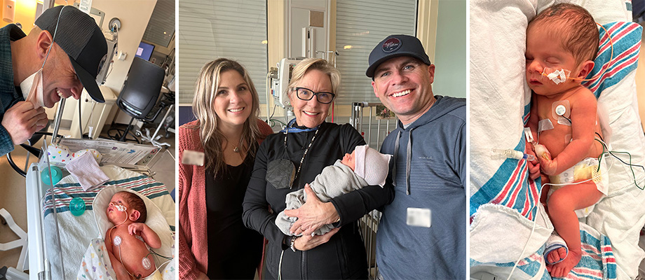 Baby with tubes in his nose and monitors on his chest lying in a hospital bed in the NICU with a man in a black baseball cap looking over him; swaddled baby held by a woman in a black coat flanked by a woman in a rust sweater on the left and a man with a gray hat and sweatshirt on the right; baby with tube in his nose and monitors on his chest lying on a white blanket with blue and pink stripes.