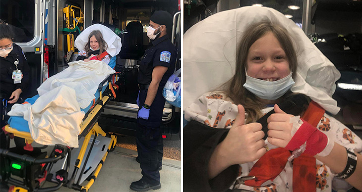 Female on a gurney entering the ambulance (left); same female giving a thumbs up