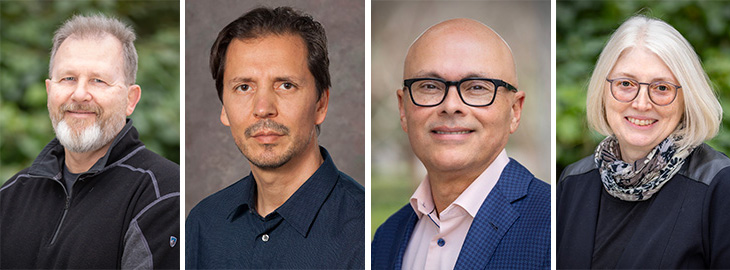 Headshot photos of professors Andreas Bäumler, Emanual Maverakis, Luis Fernando Santana and Rene Tsolis