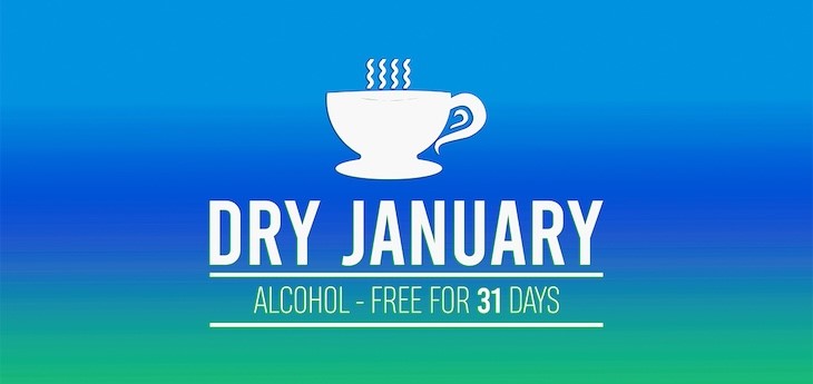 The words “Dry January, Alcohol-free for 31 days” are in white against a blue and green background