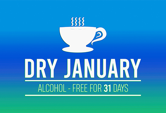 The words “Dry January, Alcohol-free for 31 days” are in white against a blue and green background