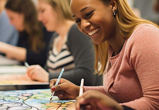 girl smiling and coloring on table with others