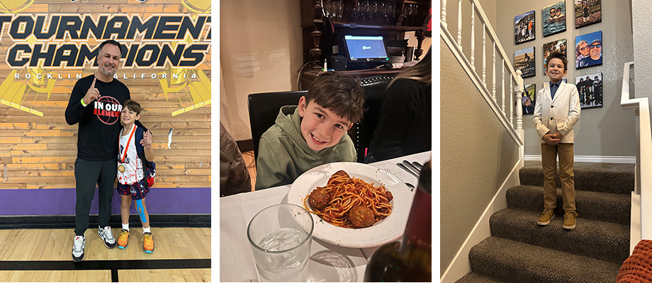 A composite of three photos showing a boy with his dad, a boy eating spaghetti and a boy on the stairs