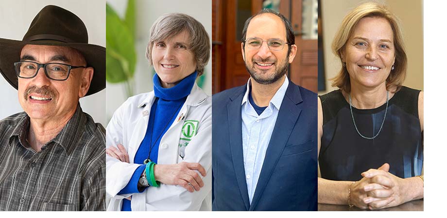 A composite of four photos: a man in a cowboy hat, a woman in a doctor’s gown, a man in a suit and a woman in a black dress. 